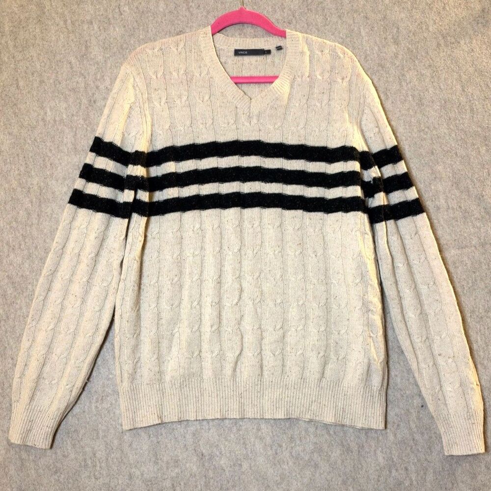 VINCE Men’s L Wool Silk Cable Knit Sweater Cream Black Striped V-Neck